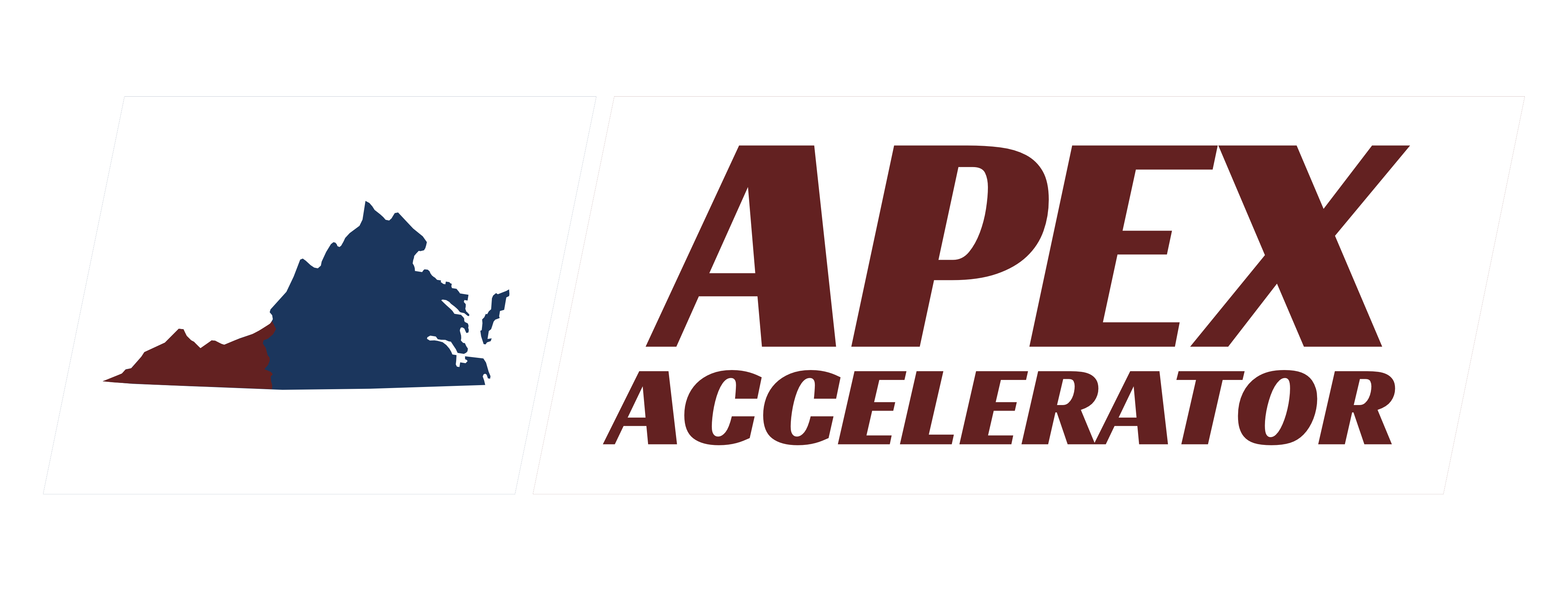 Logo for “APEX Accelerator” featuring a stylized outline of the state of Virginia on the left, divided into two colors—dark red in the western portion and dark blue in the eastern portion. To the right, large bold uppercase text reads “APEX” in dark red, with the word “ACCELERATOR” in smaller uppercase letters beneath it. The design appears on a light background with subtle angled framing elements.